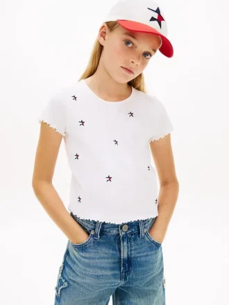 Barn-T-shirt med broderad stjärna och ribbad krage