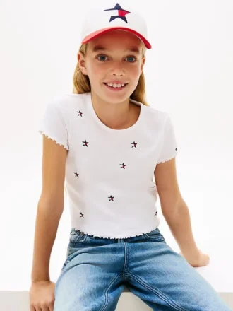 Barn-T-shirt med broderad stjärna och ribbad krage