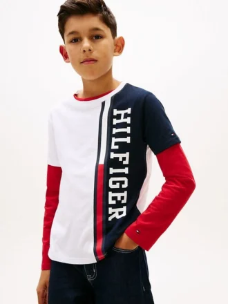 Barn-T-shirt med vertikala färgblock och logotyp