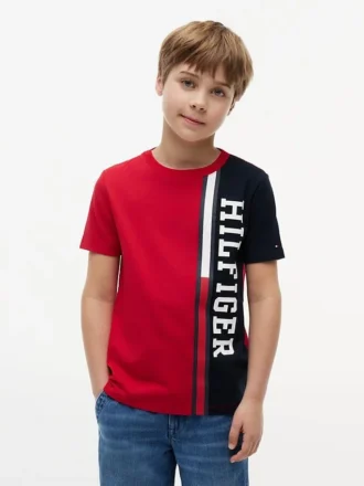 Barn-T-shirt med vertikala färgblock och logotyp