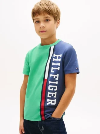 Barn-T-shirt med vertikala färgblock och logotyp