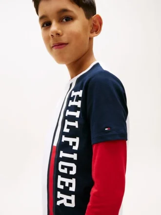 Barn-T-shirt med vertikala färgblock och logotyp