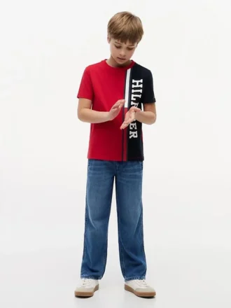 Barn-T-shirt med vertikala färgblock och logotyp