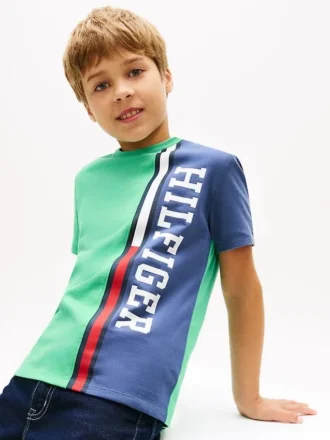 Barn-T-shirt med vertikala färgblock och logotyp