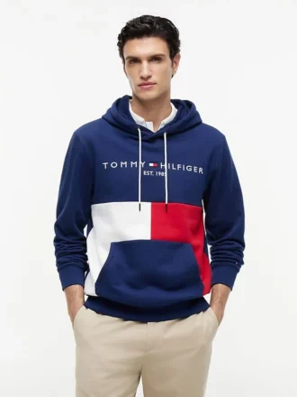 Broderad Tommy-logotyp, färgblockerad huvtröja