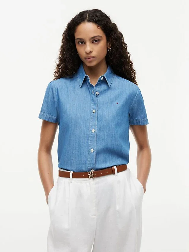 Chambray-skjorta med puffärmar Chambray-skjorta med puffärmar