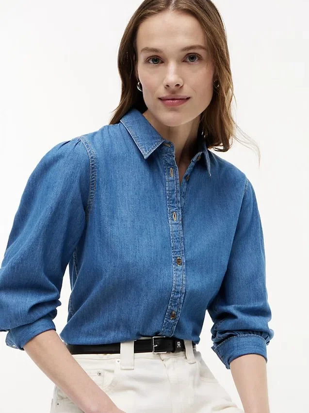 Chambray-skjorta med puffärmar Chambray-skjorta med puffärmar