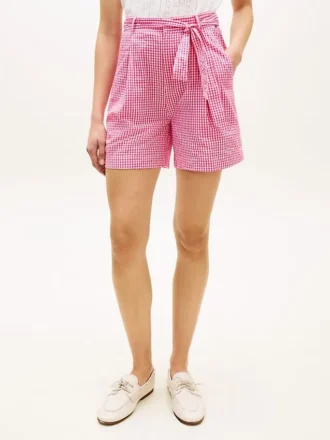 Gingham-seersuckershorts med bälte