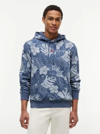 Hoodie med borstad insida och tropiskt tryck