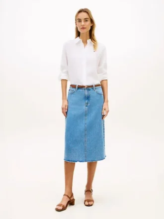 Midi-kjol i denim med rå kant