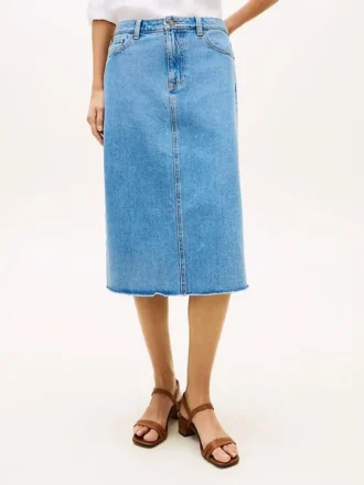 Midi-kjol i denim med rå kant