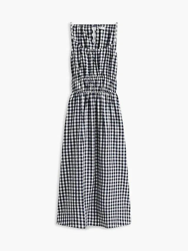 Midi-klänning i linneblandning med rynkad gingham-mönster Midi-klänning i linneblandning med rynkad gingham-mönster