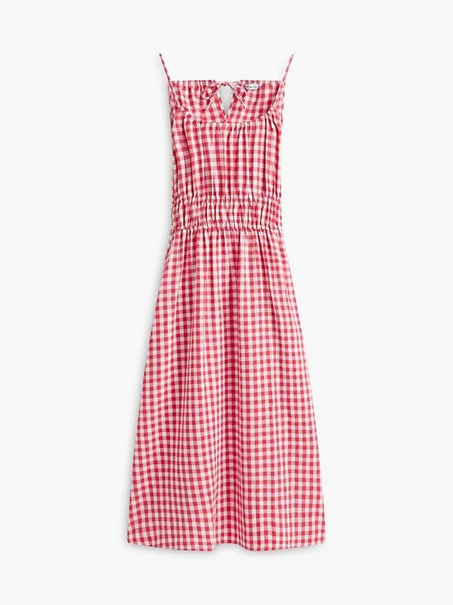 Midi-klänning i linneblandning med rynkad gingham-mönster Midi-klänning i linneblandning med rynkad gingham-mönster
