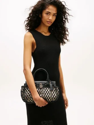 Mini-tote i makramé och läder