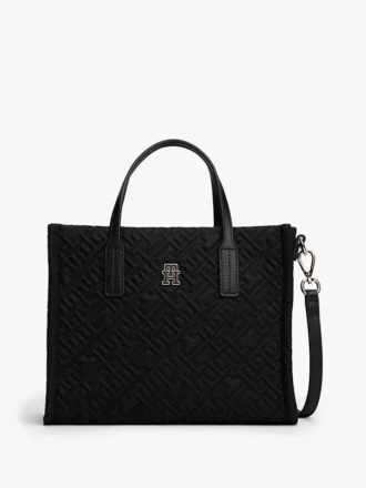 Mini-tote-väska i nylon med monogram och synliga sömmar