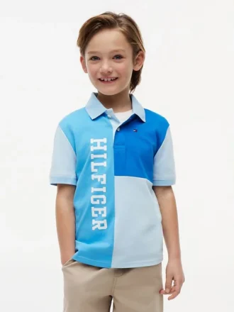 Polo i stretch med färgblock och logotyp för barn