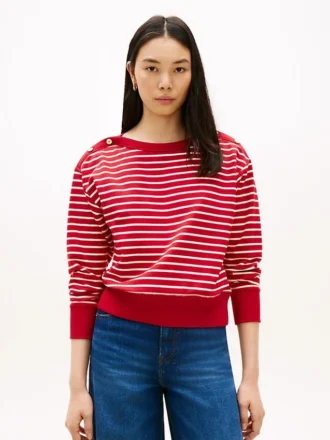 Randig sweatshirt med båthals och guldfärgade knappar