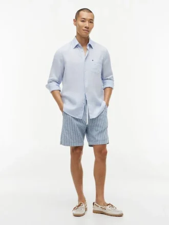 Randiga shorts i bomulls- och linneblandning, 7 tum