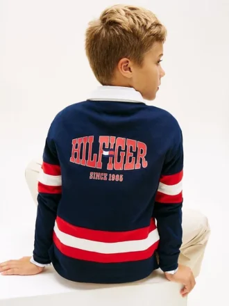 Rugbypolo med logotyp och grafiska ränder för barn