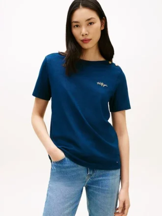 T-shirt i bomullsinterlock med guldknappar