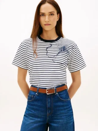 T-shirt med abstrakt blommönster och ränder