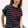 T-shirt med bågformad logotyp och randiga dolmanärmar