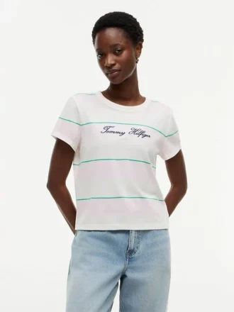 T-shirt med broderat logotyp och ränder